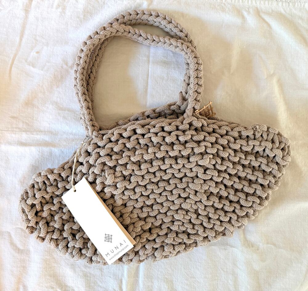 $150 NWT Munai Handmade Crochet Cord Tote Bag 14x8 Luxury Beige Woven Handbag